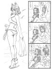  2girls 4koma bbb_(friskuser) beach breasts checkered_necktie comic dress eyepatch headgear highres kantai_collection mechanical_halo monochrome multiple_girls necktie open_mouth robot_ears short_dress short_hair swimsuit tatsuta_(kantai_collection) tenryuu_(kantai_collection) translation_request 