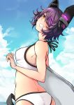  1girl arched_back bikini blue_sky breasts clouds eyepatch from_side grin headgear highres holding kantai_collection kickboard looking_at_viewer looking_to_the_side messy_hair nekomanma_(chipstar182) outdoors purple_hair short_hair sky smile solo swimsuit tenryuu_(kantai_collection) upper_body white_bikini white_swimsuit yellow_eyes 