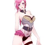  1girl blue_eyes breasts character_request choker cleavage corset frills gluteal_fold heather37 highres league_of_legends pink_hair red_lips short_hair solo tattoo thigh_strap 