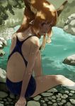  1girl back back_cutout fang horns ibuki_suika looking_at_viewer looking_back nishiuri one-piece_swimsuit open_mouth orange_hair partially_submerged pointy_ears red_eyes sitting slit_pupils smile solo swimsuit touhou tree_shade water wet 