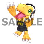  3d agumon apron black_apron claws creature digimon digimon_story:_cyber_sleuth game_model green_eyes headphones highres no_humans official_art open_mouth teeth tongue tower_records watermark 