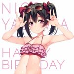  1girl \m/ armpits bare_shoulders bikini black_hair blush bow character_name hair_bow happy_birthday long_hair looking_at_viewer love_live!_school_idol_project navel red_eyes siva_(executor) smile solo sunglasses sunglasses_on_head swimsuit twintails yazawa_nico 