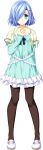  1girl blue_eyes blue_hair casual dress frilled_dress frills full_body hair_ornament hair_over_one_eye hairclip katagiri_sui looking_at_viewer pantyhose ribbon shoes short_dress short_hair simple_background smile solo standing tamiya_akito white_background 