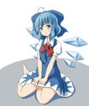  1girl :o ahoge artist_request barefoot blue_bow blue_dress blue_eyes blue_hair blush bow cirno collar commentary_request dress hair_bow highres ice ice_wings pale_skin red_ribbon ribbon shirt short_hair short_sleeves simple_background sitting touhou white_shirt wings 