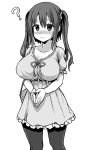  1girl ? asanagi bag blush breasts cleavage dress ebina_nana handbag hands_together himouto!_umaru-chan large_breasts monochrome nose_blush pantyhose simple_background solo twintails wavy_mouth white_background 