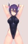  1girl :&lt; and arms_behind_head breasts eyepatch headgear highleg highleg_swimsuit kantai_collection large_breasts one-piece_swimsuit purple_hair shiny shiny_clothes short_hair simple_background solo swimsuit tenryuu_(kantai_collection) yellow_eyes 