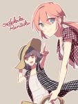  2boys blue_eyes brown_eyes brown_hair gingham hat inazuma_eleven_(series) inazuma_eleven_go kirino_ranmaru long_hair male_focus multiple_boys open_mouth pink_hair pointing romaji shindou_takuto shino_(syllable) simple_background twintails 