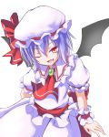  1girl :d ascot bat_wings blue_hair brooch collar dress fang frilled_collar frilled_cuffs frilled_dress frills hat hat_ribbon jewelry mob_cap one_eye_closed open_mouth red_eyes red_ribbon remilia_scarlet ribbon sash shirt short_sleeves simple_background slit_pupils smile touhou tsuri_buta white_dress white_shirt wings wrist_cuffs 