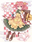  1girl apron bell book boots chair checkered checkered_background cross-laced_footwear egasumi flower hair_bell hair_ornament japanese_clothes lace-up_boots motoori_kosuzu open_book red_eyes redhead shiodome_oji touhou twintails two_side_up 
