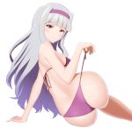  1girl bikini bikini_pull breasts hairband highres idolmaster long_hair looking_at_viewer shijou_takane silver_hair simple_background smile solo swimsuit takahirokun violet_eyes 