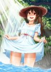  :d brown_eyes brown_hair collarbone dress hat highres long_hair open_mouth original side_ponytail skirt_hold smile straw_hat water waterfall wet 