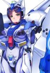  1girl black_hair blush bodysuit breasts character_request covered_navel female green_eyes gundam headgear large_breasts looking_at_viewer mecha_musume personification plump short_hair skin_tight smile solo vuccha white_background 