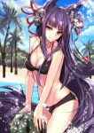  1girl animal_ears aosaki_yukina beach bell bikini black_bikini black_hair breasts cleavage food fruit granblue_fantasy groin hair_bell hair_ornament long_hair looking_at_viewer palm_tree red_eyes smile solo swimsuit tail tree watermelon 