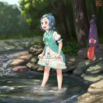  1girl alternate_costume alternate_hairstyle barefoot blue_eyes blue_hair bow dress dress_lift full_body hair_ornament hairclip heterochromia karakasa_obake kitano_(kitanosnowwhite) looking_away low_twintails nature open_mouth partially_submerged puffy_sleeves red_eyes short_hair short_sleeves smile solo tatara_kogasa touhou tree twintails umbrella vest water 