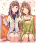  2girls bangs black_blouse blunt_bangs couch dress green_dress hand_on_another&#039;s_shoulder jacket kalian light_brown_eyes light_brown_hair long_hair looking_at_viewer love_live!_school_idol_project minami_kotori minami_kotori&#039;s_mother mother_and_daughter multiple_girls pencil_skirt red_ribbon ribbon sitting skirt smile white_clothes white_jacket 