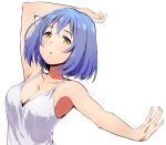  1girl :o arm_up blue_hair breasts chelle_ingham cleavage collarbone dress original outstretched_arm parted_lips short_hair simple_background solo upper_body white_background white_dress yellow_eyes 
