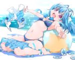  1000-chan 1girl :d ahoge anklet barefoot bikini blue_bikini blue_hair bowtie hair_ornament inoue_sora jewelry leaning_back looking_at_viewer navel oizumi open_fly open_mouth outstretched_arms pleated_skirt sitting skirt skirt_pull small_breasts smile solo swimsuit symbol-shaped_pupils twintails unzipped v 