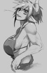  1girl animal_ears bikini_top breasts cathyl cow_ears cow_horns greyscale horns large_breasts minotaur monochrome monster_girl monster_musume_no_iru_nichijou mouth_hold muscle overalls short_hair sideboob straw upper_body whistle_frog 