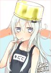  artist_name dated grey_eyes hibiki_(kantai_collection) highres kantai_collection long_hair looking_at_viewer nonono_(basasi21) popsicle pot_on_head school_swimsuit silver_hair swimsuit upper_body 