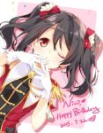  1girl black_hair bow dated gloves hair_bow happy_birthday jpeg_artifacts long_hair love_live!_school_idol_project mocha_(naturefour) one_eye_closed red_eyes solo twintails uniform white_gloves yazawa_nico 
