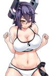  1girl bikini breasts cleavage collarbone eyepatch headgear kantai_collection large_breasts looking_at_viewer navel simple_background solo swimsuit tenryuu_(kantai_collection) violet_eyes white_background yellow_eyes yukinojou_yakan 