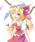  1girl :d ascot blonde_hair collar commentary_request fang flandre_scarlet frilled_shirt hat hat_ribbon highres long_hair mob_cap one_eye_closed open_mouth red_eyes red_ribbon red_skirt red_vest ribbon shirt skirt slit_pupils smile touhou tsuri_buta white_shirt wings 