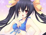  1girl bikini black_hair blue_bikini choujigen_game_neptune female front-tie_bikini front-tie_top game_cg gradient gradient_background highres long_hair noire official_art red_eyes ribbon solo swimsuit tsunako wink yellow_ribbon 