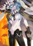  1girl blue_eyes blue_hair bodysuit breasts cane cape chromatic_aberration clenched_hand cowboy_shot female gloves hat headgear kantai_collection long_hair looking_away looking_to_the_side naro0427 pale_skin shinkaisei-kan side_glance solo standing tentacles wo-class_aircraft_carrier 