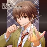  1boy baton_(instrument) brown_eyes brown_hair copyright_name kamine_shouta kiikii_(kitsukedokoro) looking_at_viewer necktie school_uniform solo soul_catcher(s) 