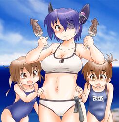  3girls bikini brown_eyes brown_hair competition_school_swimsuit eyepatch folded_ponytail ikazuchi_(kantai_collection) inazuma_(kantai_collection) kantai_collection long_hair multiple_girls pinching purple_hair school_swimsuit school_uniform short_hair sonnano_ari squid swimsuit tenryuu_(kantai_collection) yellow_eyes 