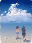  2girls aalge artist_name beach bird black_hair clouds dress from_behind highres long_hair miniskirt multiple_girls nautilus_(animal) ocean original sandals seagull shell skirt sky summer twintails wading water 