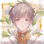  1boy ascot bangs border bunny_pin cardcaptor_sakura closed_mouth collared_shirt earrings floral_background flower flower_request glasses grey_eyes grey_hair jacket jewelry leaf looking_at_viewer maccha_(mochancc) male_focus orange_ascot orange_shirt outside_border petals portrait round_eyewear shirt short_hair smile solo sparkle tsukishiro_yukito white_border white_flower white_jacket yellow_background 