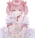  1girl absurdres arm_support bubble_skirt buttons center_frills choker collarbone dot_nose elbow_on_knee eyebrows_visible_through_hair eyelashes eyes_visible_through_hair feet_out_of_frame flat_chest frilled_sleeves frills gloves hair_ribbon hand_on_own_arm head_rest highres kaname_madoka legs_together light_blush limited_palette looking_at_viewer mahou_shoujo_madoka_magica parted_lips pink_eyes pink_hair pink_ribbon puffy_sleeves red_choker ribbon riri_(ririwaldorf) shiny shiny_hair short_twintails simple_background skirt solo soul_gem twintails white_background white_gloves white_skirt 