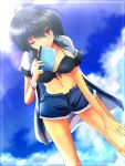  1girl ;) bikini black_bikini black_hair blue_sky breasts clouds denim denim_shorts front-tie_top hand_on_own_thigh hanging_breasts highres jacket leaning_forward nekominase notebook one_eye_closed open_clothes open_jacket pen red_eyes shameimaru_aya short_hair short_sleeves shorts sky smile solo sunlight swimsuit swimsuit_under_clothes touhou 