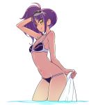  1girl arm_up bikini chan_co from_side leaning_forward looking_at_viewer navel pripara purple_bikini purple_hair side_ponytail small_breasts smile solo sunglasses sunglasses_on_head swimsuit toudou_shion towel wading yellow_eyes 