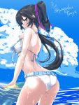  1girl alternate_costume ass bikini black_hair breasts frills from_behind hair_between_eyes hair_tousle kantai_collection kyougoku_touya large_breasts long_hair looking_at_viewer looking_back midriff open_mouth partially_submerged payot ponytail red_eyes scrunchie solo swimsuit wet wet_clothes white_bikini white_swimsuit yahagi_(kantai_collection) 