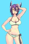  1girl and arm_up armpits bare_shoulders bikini blue_background blush breasts cleavage collarbone cowboy_shot eyepatch fang hair_between_eyes headgear kantai_collection navel open_mouth purple_hair short_hair simple_background swimsuit tenryuu_(kantai_collection) yellow_eyes 