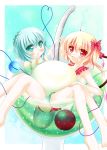  2girls blonde_hair blush bow drink flandre_scarlet food food_on_face green_eyes green_hair hair_bow heart heart-shaped_pupils ice_cream ice_cream_float ice_cream_on_face komeiji_koishi multiple_girls open_mouth red_eyes swimsuit symbol-shaped_pupils third_eye touhou white_water 