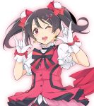  1girl \m/ black_hair bow earrings gloves hair_bow hair_ornament hairclip happy_birthday highres jewelry love_live!_school_idol_project makita_(twosidegekilove) one_eye_closed open_mouth red_eyes shirt short_sleeves skirt smile solo twintails white_gloves yazawa_nico 