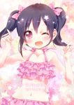  1girl :d \m/ bikini black_hair blush bow double_\m/ ech hair_bow happy_birthday looking_at_viewer love_live!_school_idol_project midriff navel nico_nico_nii one_eye_closed open_mouth red_eyes short_hair smile solo swimsuit twintails yazawa_nico 