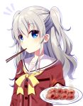  1girl blue_eyes charlotte_(anime) chopsticks food highres long_hair looking_at_viewer mafuyu_(chibi21) meat mouth_hold plate school_uniform serafuku silver_hair tomori_nao twintails two_side_up 