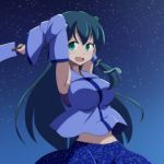  1girl armpits arms_up breasts cato_(monocatienus) detached_sleeves frog_hair_ornament gohei green_eyes green_hair hair_ornament kochiya_sanae large_breasts long_hair long_sleeves midriff open_mouth shirt skirt sky smile snake_hair_ornament solo star_(sky) starry_sky touhou very_long_hair wide_sleeves 