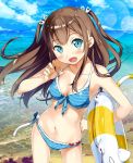  1girl :d bikini blue_bikini blue_eyes breasts brown_hair cleavage contrapposto cowboy_shot front-tie_top hair_ornament hairclip innertube kantoku lens_flare open_mouth outdoors payot smile solo strap_pull striped striped_bikini striped_swimsuit swimsuit two_side_up 