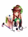  1girl all_fours ankleband barefoot bikini blush bottle bow breasts brown_hair cleavage full_body green_bikini hair_bow looking_at_viewer o-ring_bikini ponytail side-tie_bikini simple_background solo swimsuit water_bottle white_background wristband yellow_eyes 