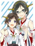  black_hair blue_eyes brown_hair glasses hairband headgear hiei_(kantai_collection) japanese_clothes kantai_collection kirishima_(kantai_collection) nakaya_106 nontraditional_miko open_mouth short_hair siblings smile younger 