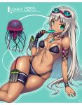  1girl aqua_eyes bikini gia highres long_hair original silver_hair single_glove solo swimsuit tan 