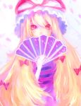  132_(bb32768) 1girl big_hair blonde_hair bow covering_mouth elbow_gloves fan floral_print folding_fan gloves hair_bow hat hat_ribbon highres long_hair looking_at_viewer mob_cap petals pink_eyes ribbon simple_background solo tabard touhou very_long_hair white_background white_gloves yakumo_yukari 
