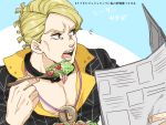  1boy blonde_hair eating fork imaru_(yashiro19950425) jojo_no_kimyou_na_bouken newspaper prosciutto salad solo 