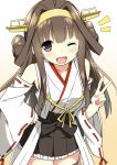  1girl brown_eyes brown_hair detached_sleeves double_bun highres japanese_clothes kantai_collection kongou_(kantai_collection) long_hair nontraditional_miko one_eye_closed sky_(freedom) solo v 