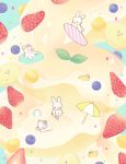  beach_umbrella bear bird blue_background blueberry cat food fruit goggles goggles_on_head innertube no_humans original pancake r. rabbit strawberry 